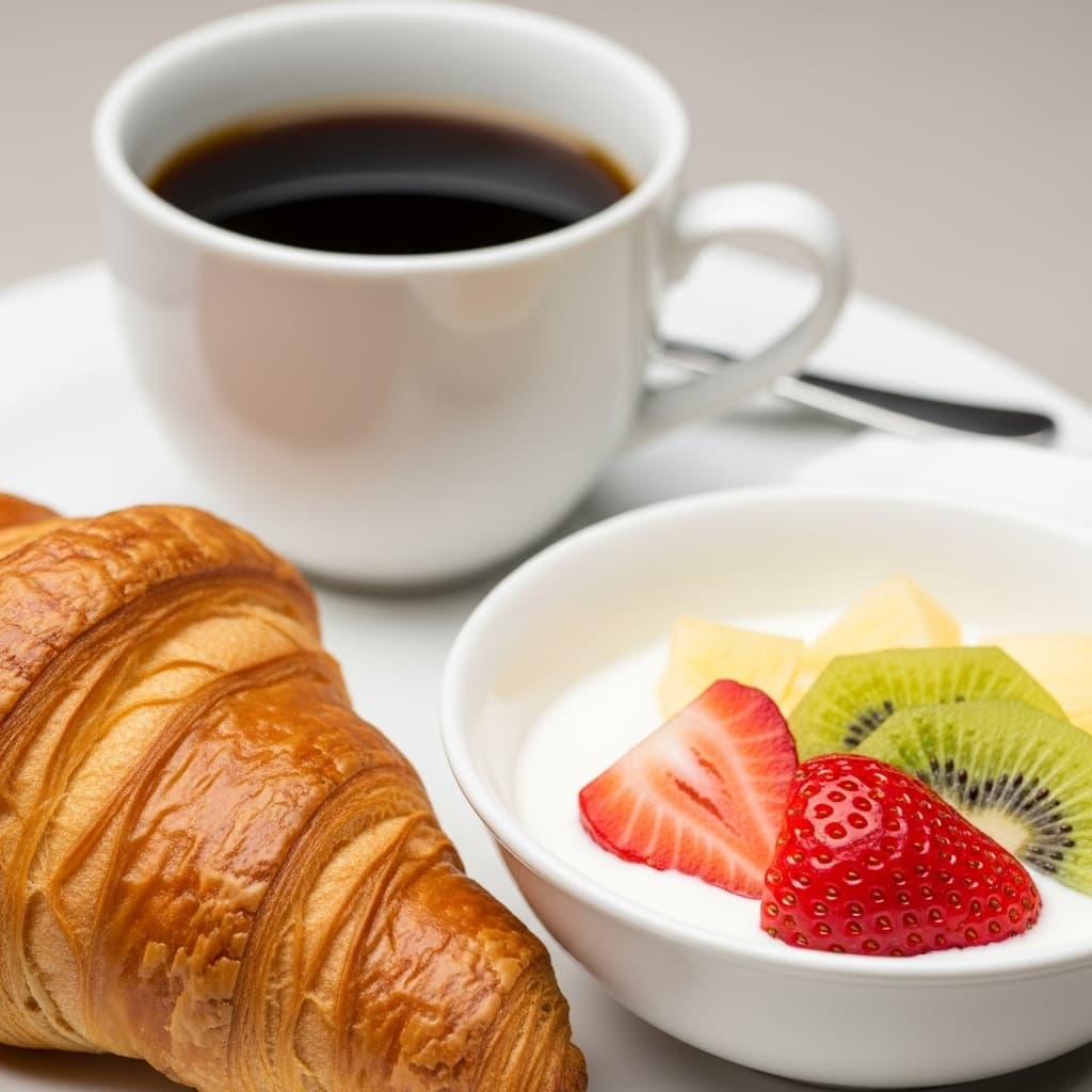 A breakfast consisting of a cup of black coffee a croissant and a bowl with yogurt strawberries kiwi and pineapple