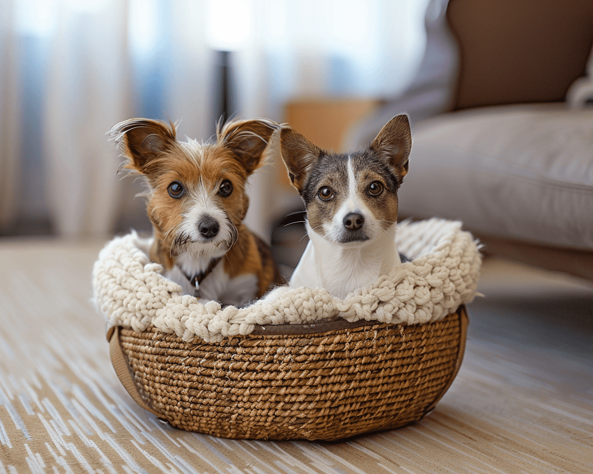 Two small dogs are sitting side by side in a woven dog bed on a rug in a cozy interior.