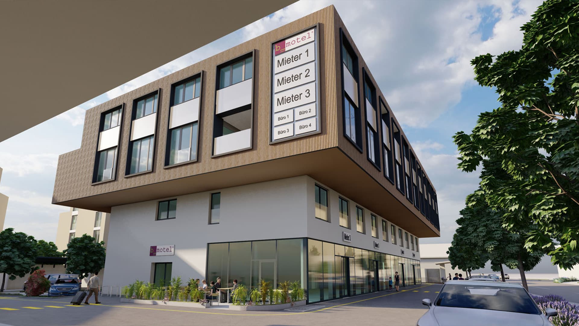 Exterior view of the b_smart motel in Amriswil with modern architecture and large window design.