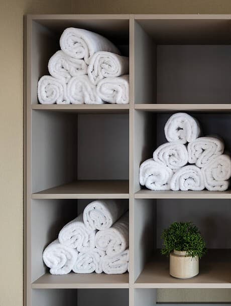 A shelf with folded white towels and a small potted plant.